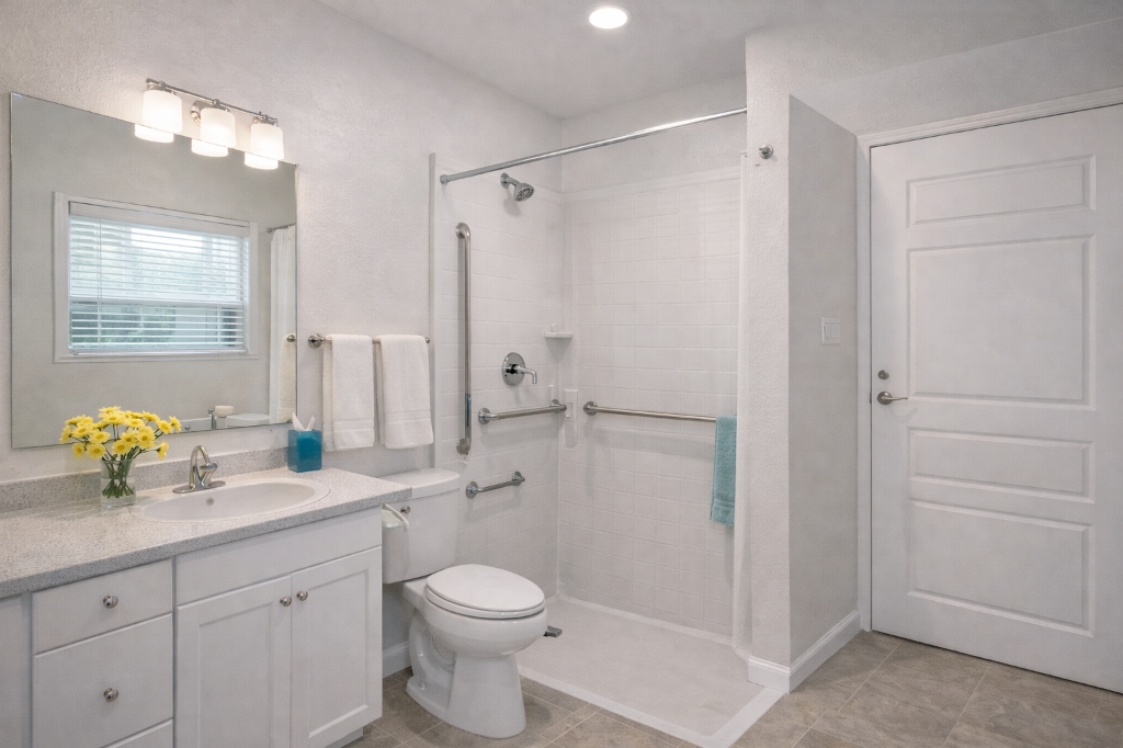 Clean, modern, and accessible bathroom at Meadowview