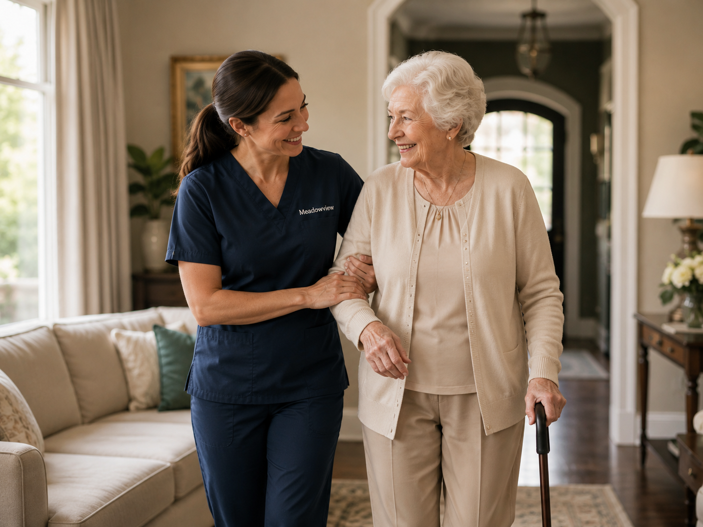 Caregiver and resident in a warm conversation