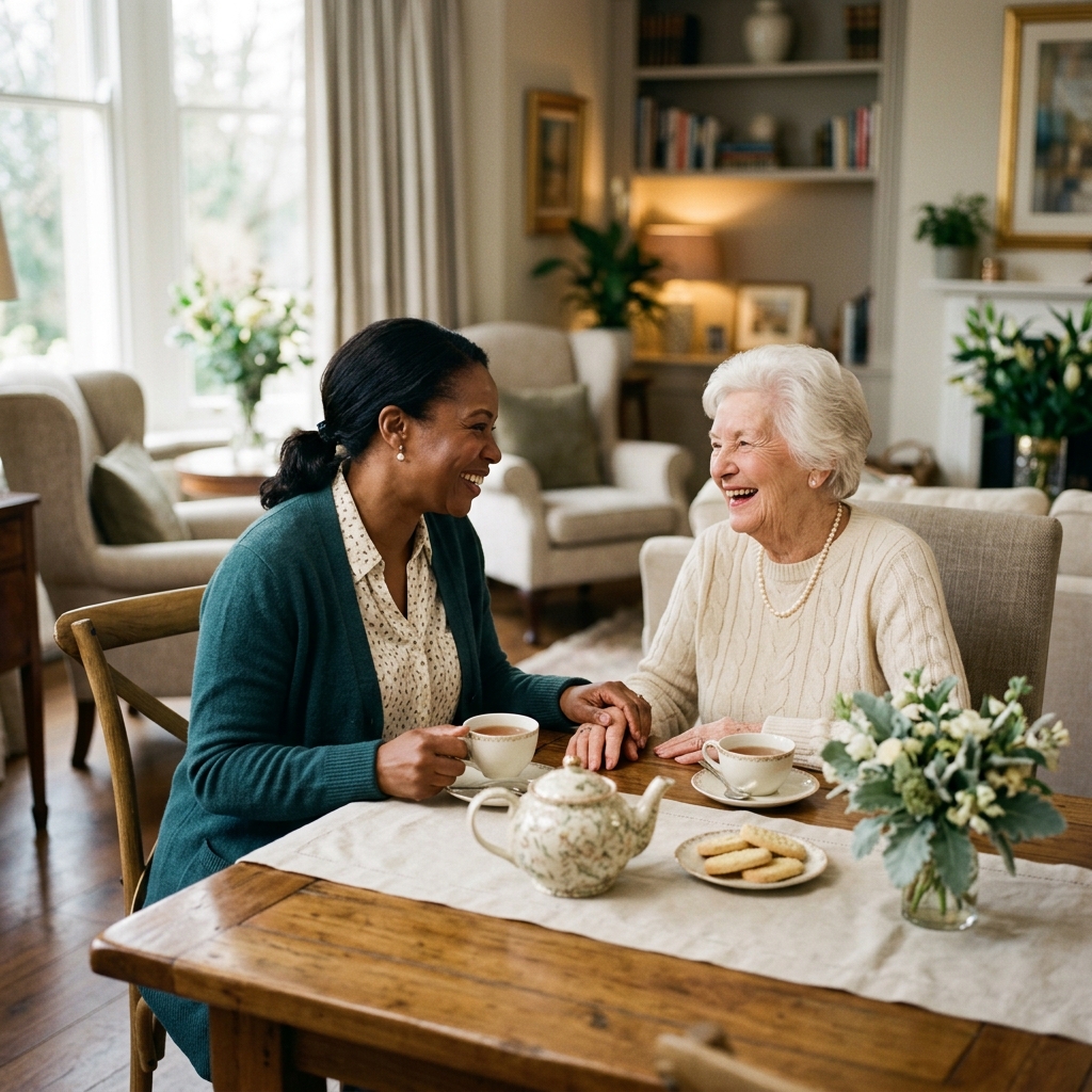 Caregiver sharing a warm moment with a resident in a beautifully appointed living room